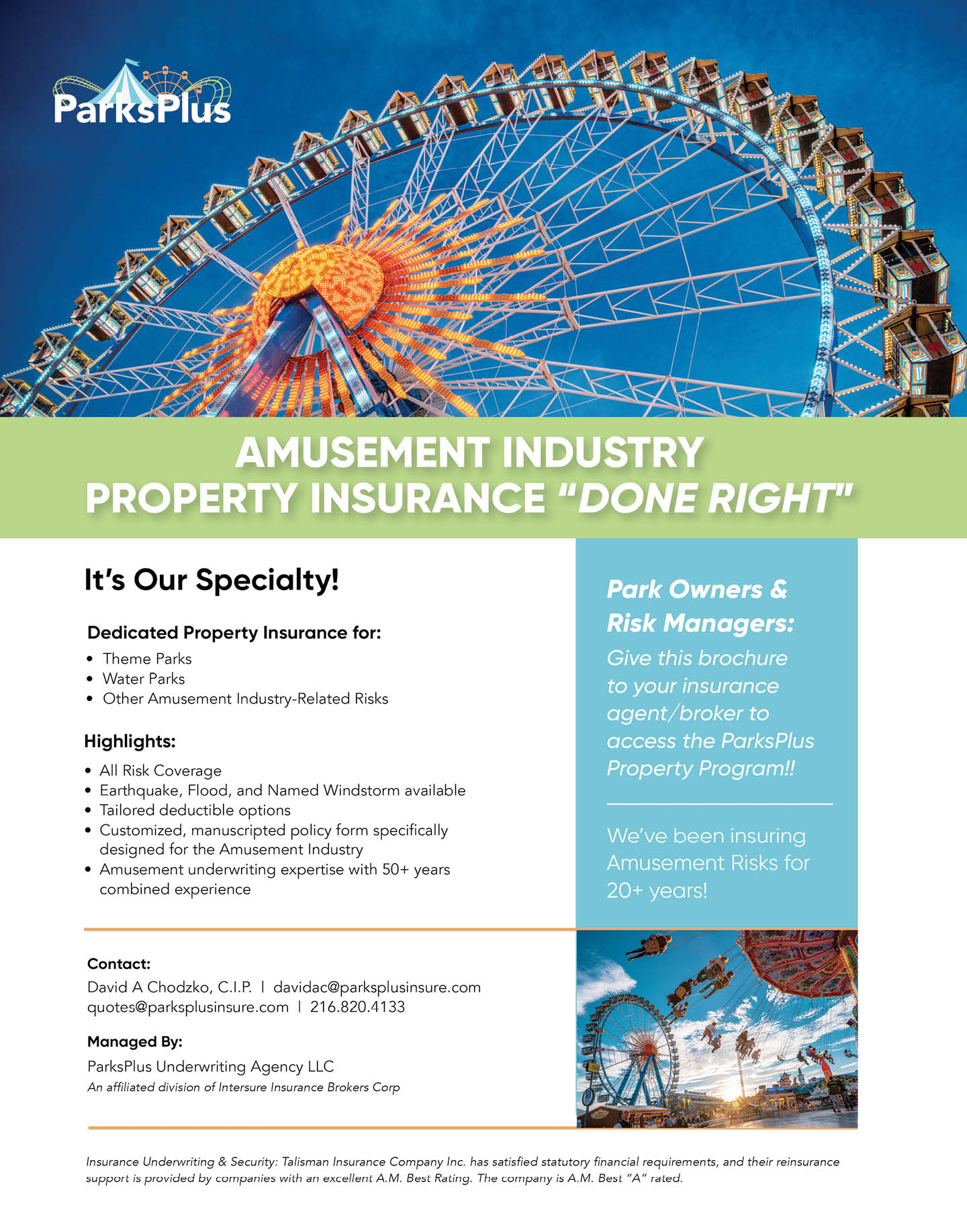 A flyer for an amusement industry property insurance. Description generated by AI
