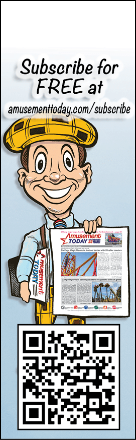 A cartoon person wearing a yellow plaid hat and light blue shirt is smiling and holding a newspaper with a roller coaster image and a QR code below, with text inviting to subscribe for free at amusementtoday.com/subscribe. Description generated by AI