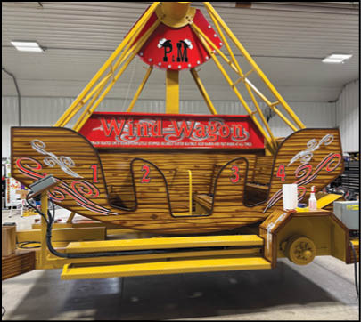 A group of people are sitting in a yellow ride at an amusement park. Description generated by AI