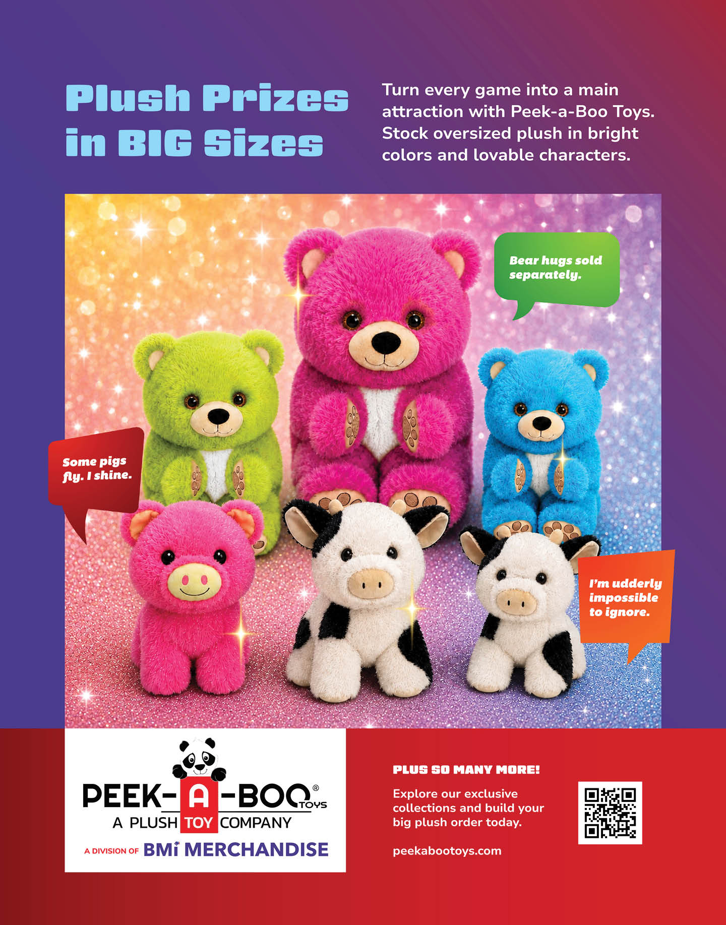 Brightly colored oversized plush toys including bears and pigs are displayed against a sparkling background with promotional text about plush prizes and a company logo. Description generated by AI