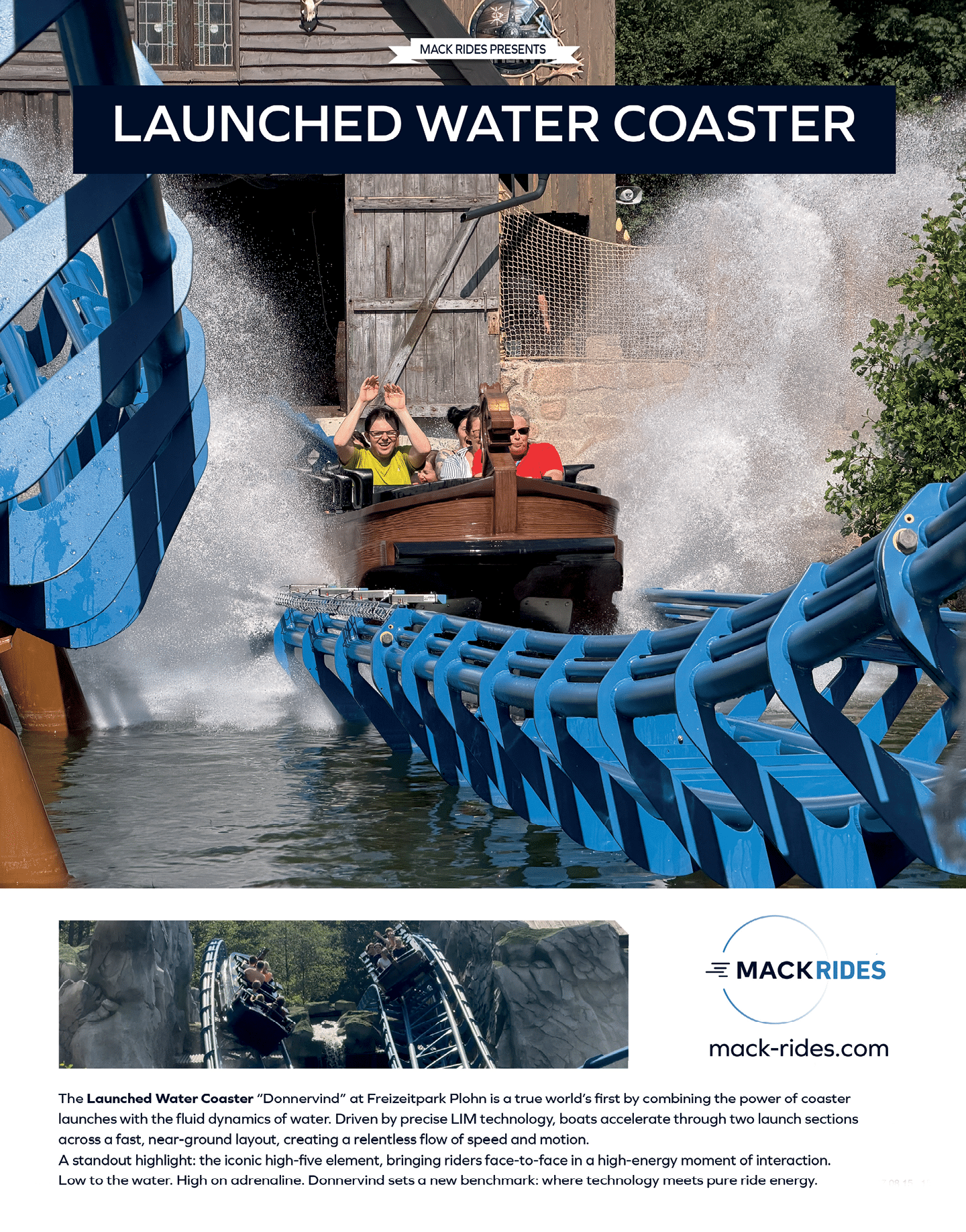 People on a launched water coaster ride are splashing through water with raised hands, surrounded by blue track rails and greenery. Description generated by AI