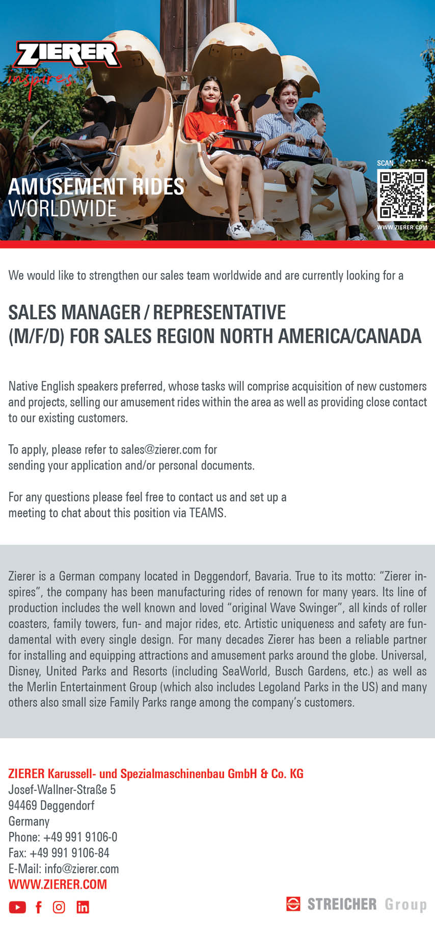 Four people seated and smiling on an amusement ride shaped like eggs with a blue sky and trees in the background, accompanied by text about a sales manager job opening for Zierer amusement rides worldwide. Description generated by AI