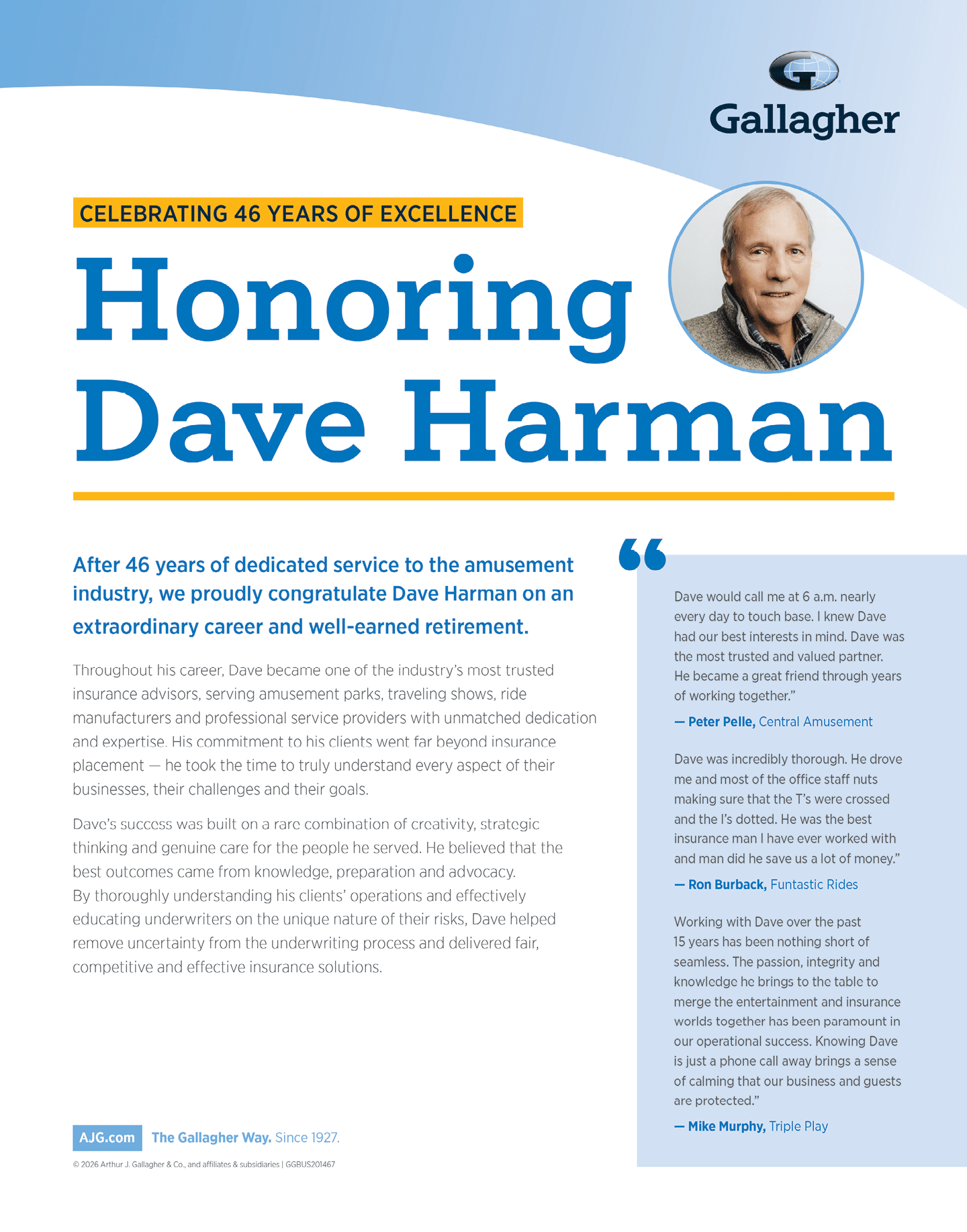 A professional tribute page from Gallagher honors Dave Harman for his 46 years of dedicated service in the amusement industry, featuring a senior person’s portrait and testimonials highlighting his creativity, integrity, and impact. Description generated by AI