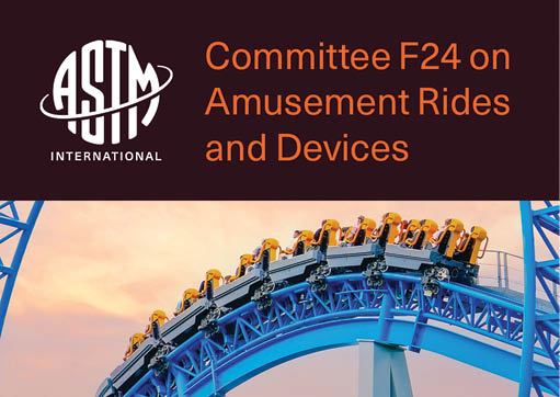 A roller coaster train with yellow seats is ascending a blue track against a sunset sky, accompanied by the ASTM International logo and the text Committee F24 on Amusement Rides and Devices. Description generated by AI