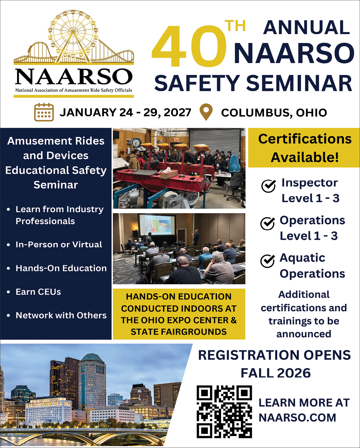 The 40th Annual NAARSO Safety Seminar announcement features a group of people gathered around machinery in an industrial setting with information about certifications and the event location in Columbus, Ohio. Description generated by AI