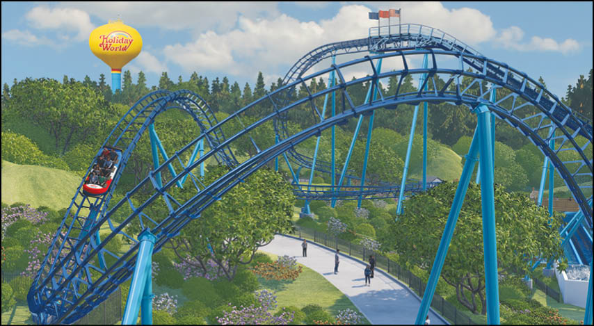 A group of people are sitting in a yellow ride at an amusement park. Description generated by AI