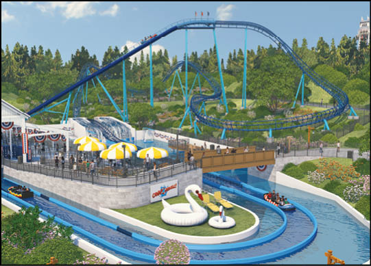 A group of people are sitting in a yellow ride at an amusement park. Description generated by AI