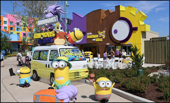 A group of people are sitting in a yellow ride at an amusement park. Description generated by AI