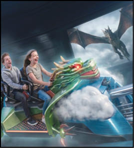 A group of people are sitting in a yellow ride at an amusement park. Description generated by AI
