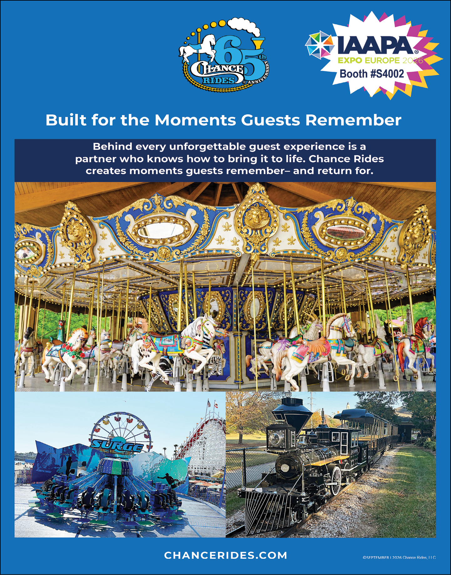 A purple and blue advertisement for a carnival ride. Description generated by AI