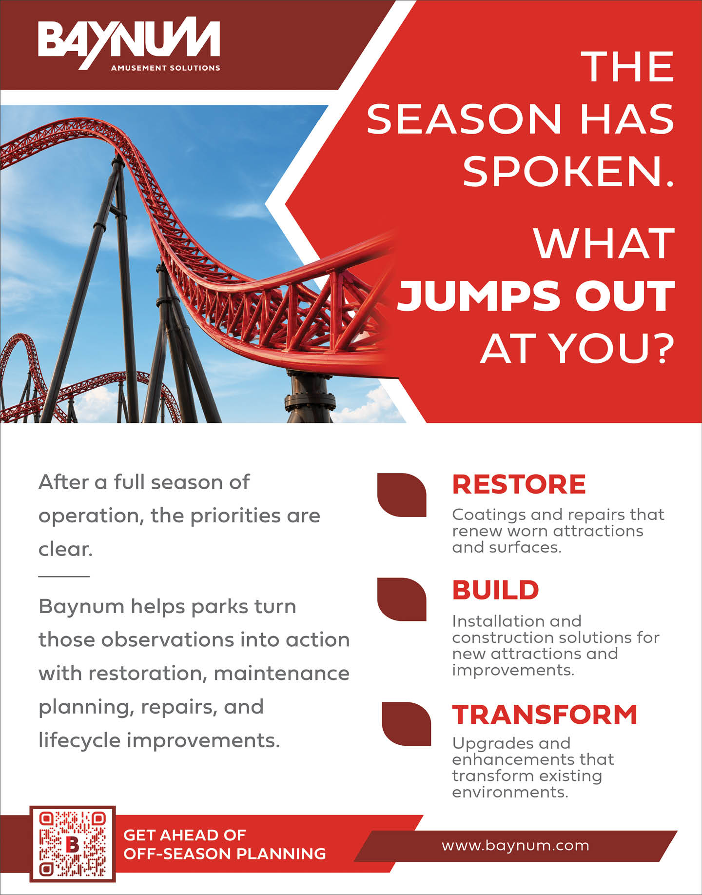 A promotional graphic for Baynum Amusement Solutions features a roller coaster and highlights their services in restoration, building, and transforming amusement park attractions with a call to plan off-season improvements. Description generated by AI