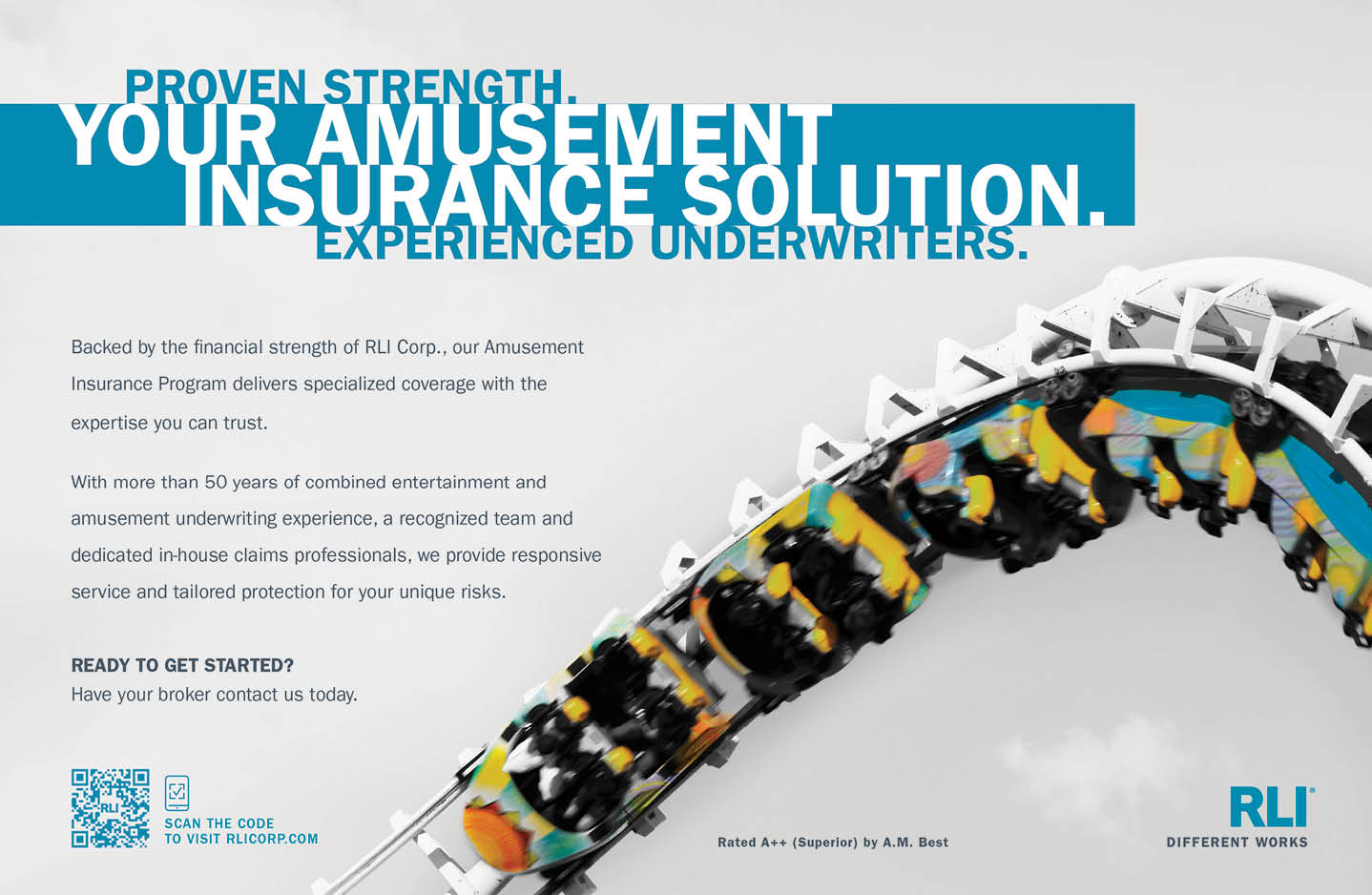 A roller coaster with blurred riders is shown alongside text promoting specialized amusement insurance solutions backed by RLI Corp. with a QR code for more information. Description generated by AI
