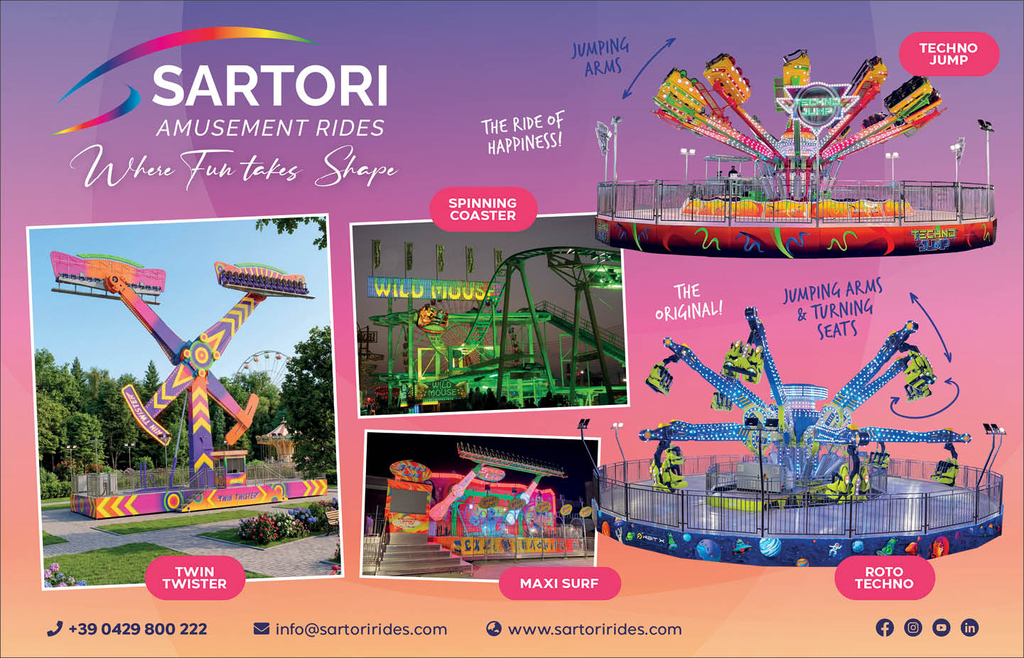 A colorful advertisement for Sartori Amusement Rides showcases various thrill rides including Techno Jump, Spinning Coaster, Twin Twister, Maxi Surf, and Roto Techno against a vibrant gradient background. Description generated by AI