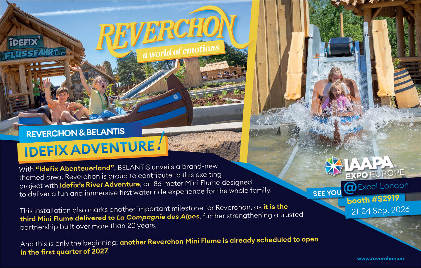 Children and adults enjoy a water ride on a themed log flume attraction called Reverchon, with promotional text highlighting its new opening and partnership details. Description generated by AI