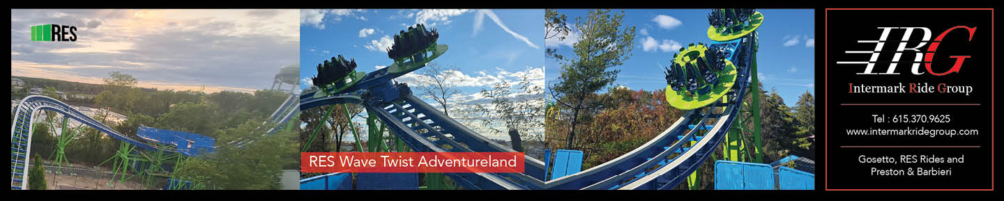 A roller coaster with green and blue tracks is shown from multiple angles under a partly cloudy sky with a logo and text on the right side. Description generated by AI