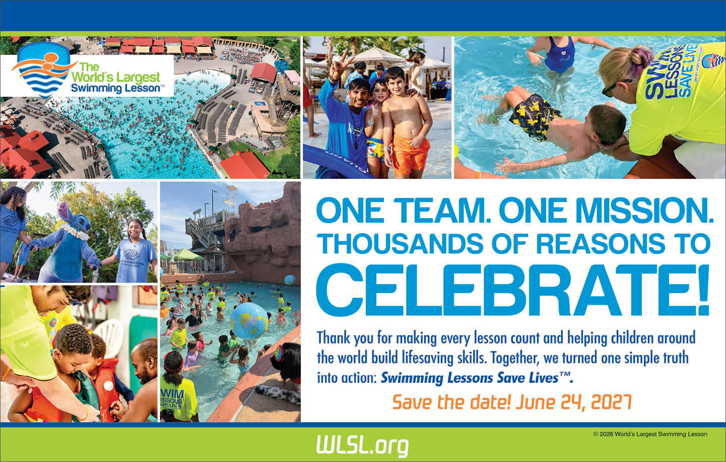 A colorful collage shows children and adults participating in swimming lessons and water safety activities with text promoting the World's Largest Swimming Lesson event and encouraging celebration and lifesaving skills. Description generated by AI