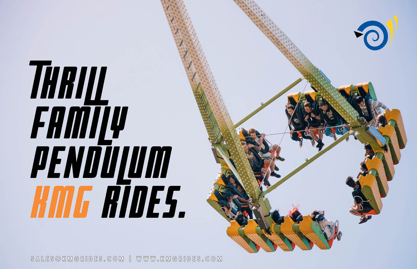 People are seated and secured on a large swinging pendulum amusement ride against a clear sky with bold text promoting thrill family pendulum rides. Description generated by AI
