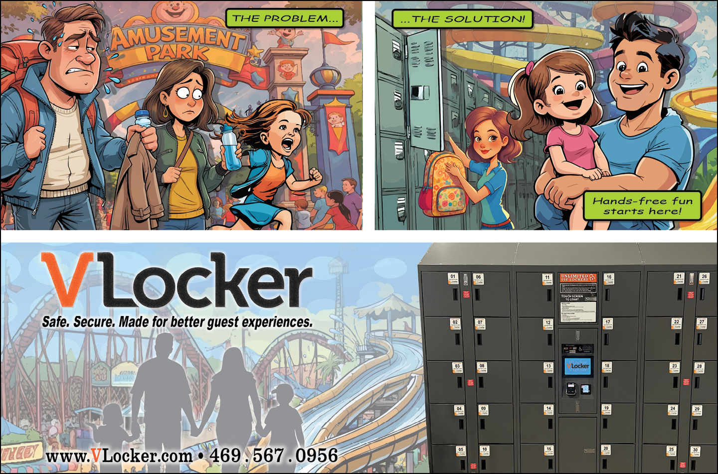 A comic-style illustration contrasts a frustrated group of people at an amusement park with a happy group using hands-free lockers, accompanied by a promotional image of secure lockers and a family silhouette in front of a roller coaster. Description generated by AI