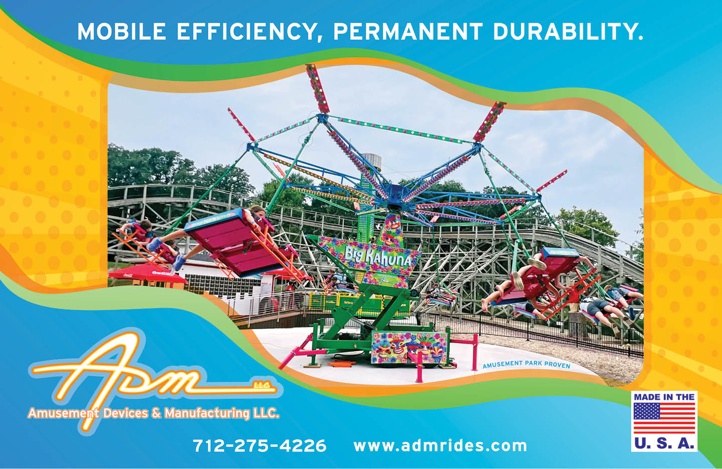 A colorful amusement park ride with people seated in swinging chairs is shown in motion against a backdrop of a wooden roller coaster and trees, framed by a graphic design promoting Amusement Devices & Manufacturing LLC. Description generated by AI