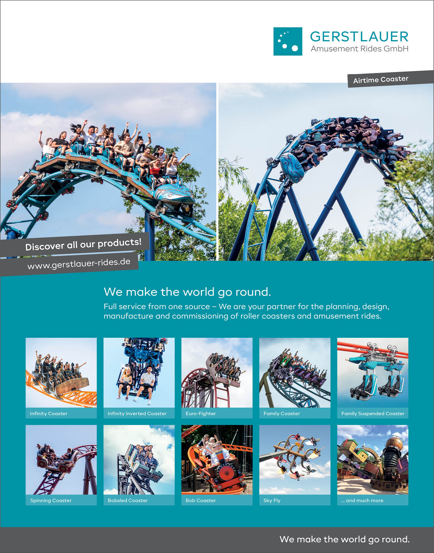 A promotional flyer for Gerstlauer Amusement Rides GmbH showcasing various roller coasters and amusement rides with images of people enjoying the rides in outdoor settings. Description generated by AI