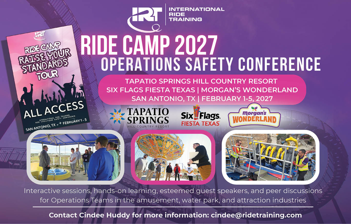 Promotional graphic for the Ride Camp 2027 Operations Safety Conference featuring logos, event details, and photos of people engaging in hands-on learning and safety discussions at amusement park rides. Description generated by AI