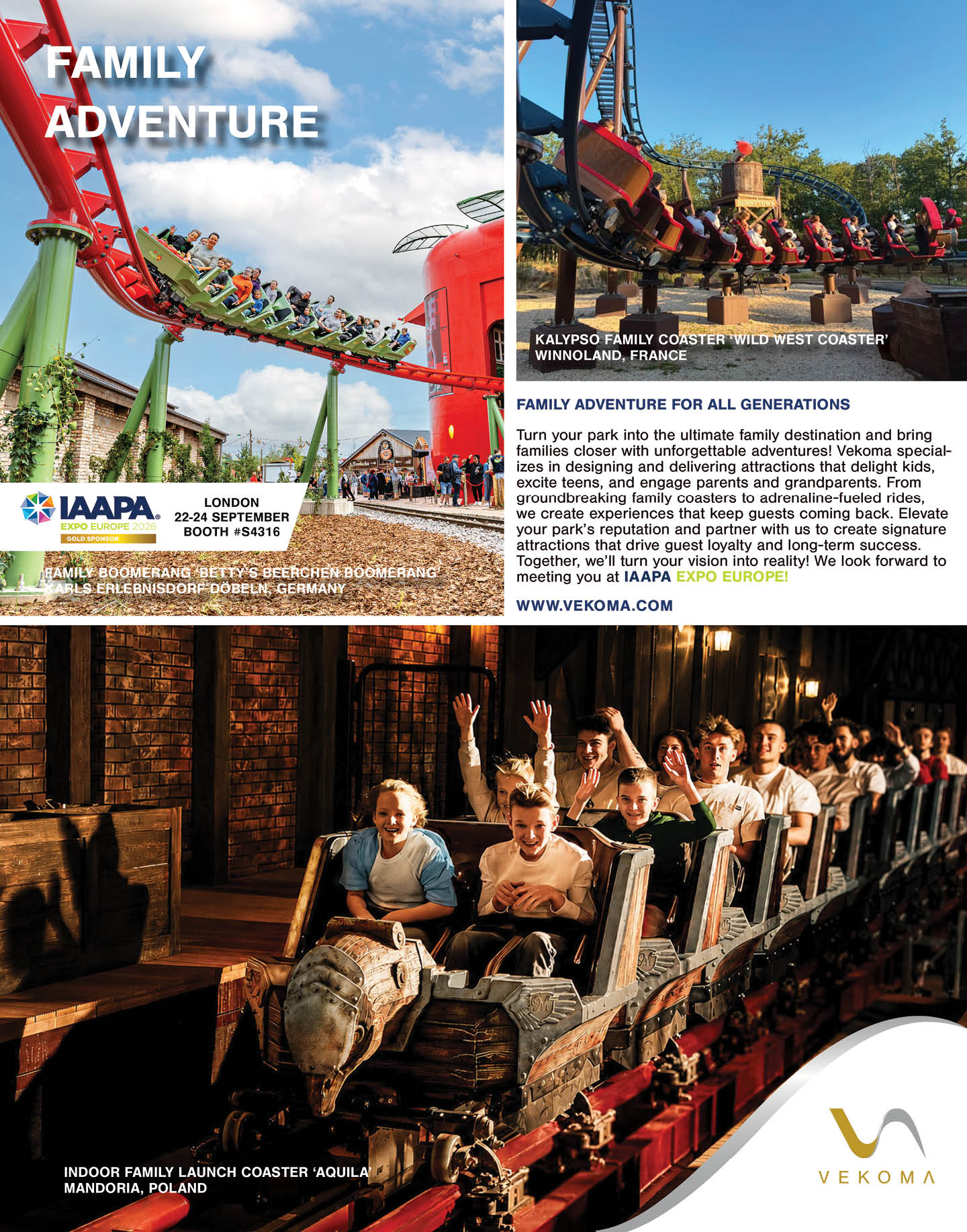 Adults and children enjoy various roller coasters at an amusement park, including a green and red outdoor coaster and an indoor dark ride with themed seating. Description generated by AI