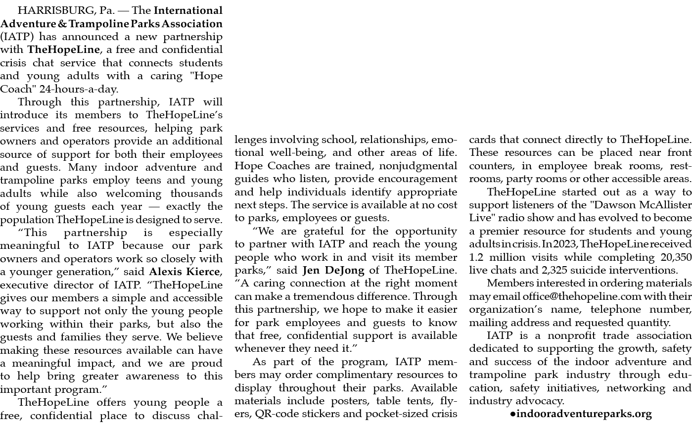 HARRISBURG, Pa. — The International Adventure & Trampoline Parks Association (IATP) has announced a new partnership w...