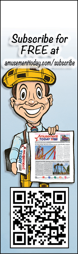 A cartoon person wearing a yellow plaid hat and light blue shirt is smiling and holding a newspaper with a roller coaster image and a QR code below, with text inviting to subscribe for free at amusementtoday.com/subscribe. Description generated by AI