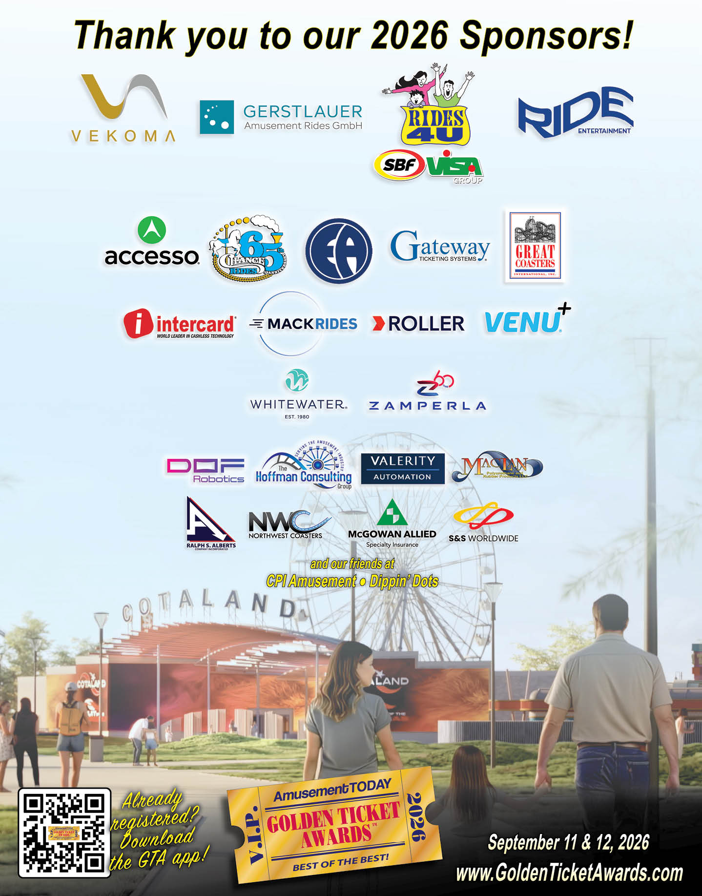 A promotional poster for the 2026 Golden Ticket Awards features logos of various sponsors, a background scene of people walking near an amusement park entrance, and event details for September 11 and 12, 2026. Description generated by AI