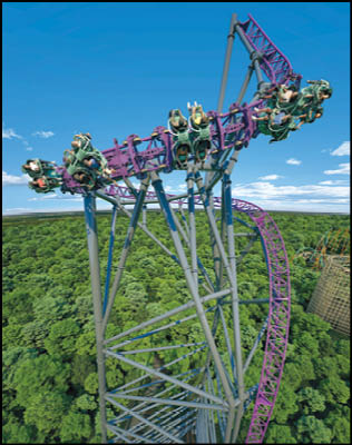 A group of people are sitting in a yellow ride at an amusement park. Description generated by AI