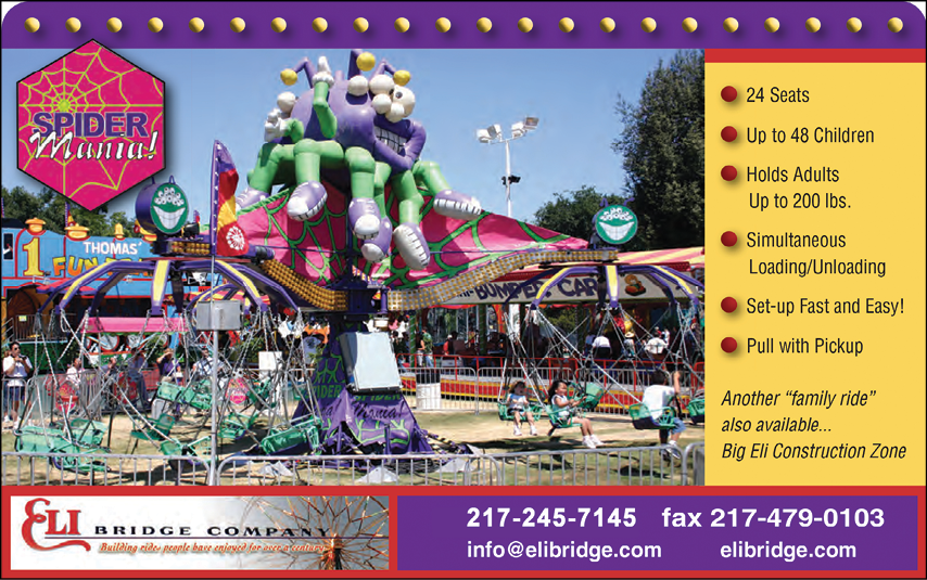 A colorful amusement ride called Spider Mania with spider-themed decorations and multiple seats is shown at a fairground with information about its capacity and contact details for Eli Bridge Company. Description generated by AI