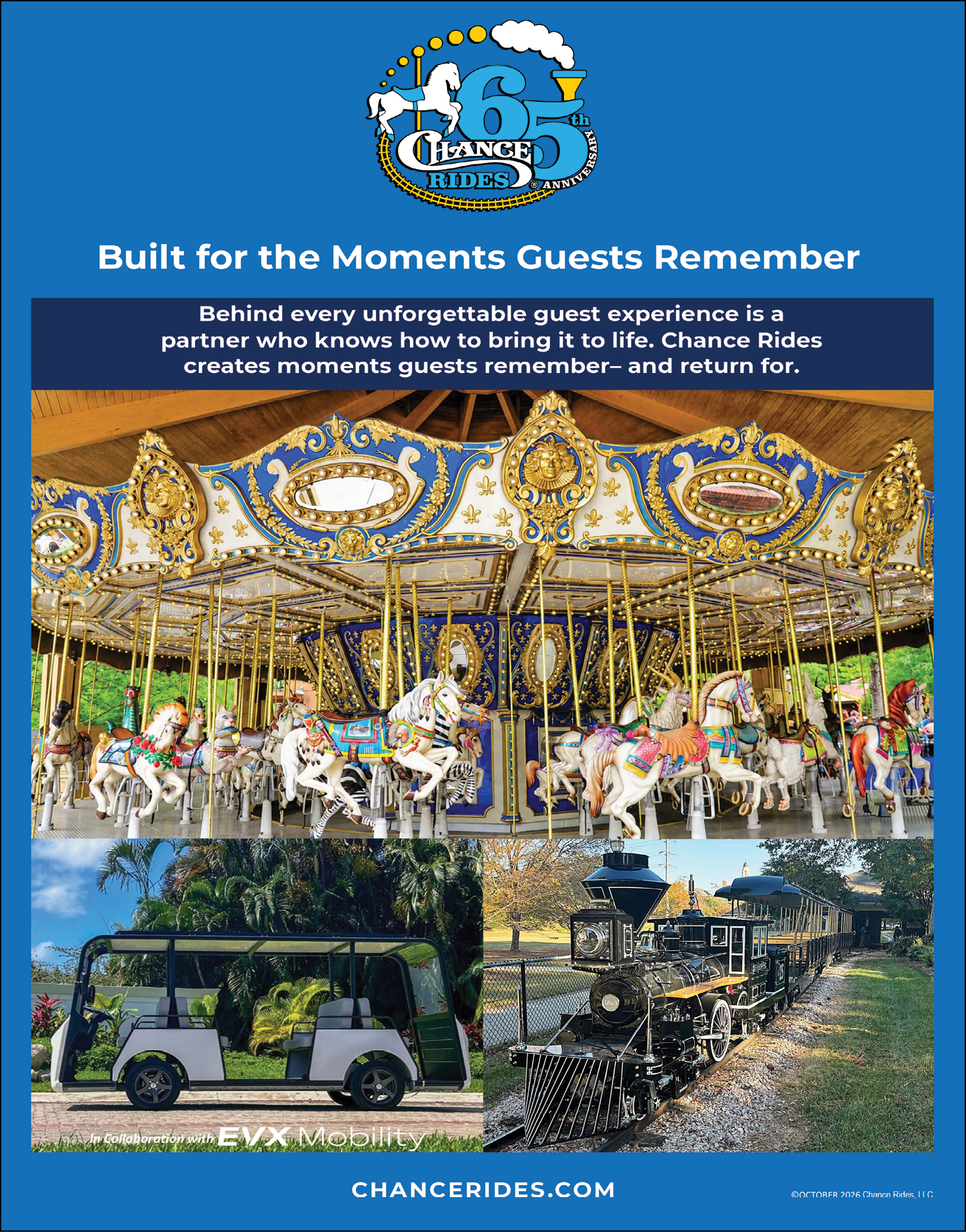 A colorful carousel with white horses, a small electric vehicle, and a vintage-style train are shown as attractions at Chance Rides celebrating 65 years of creating memorable guest experiences. Description generated by AI