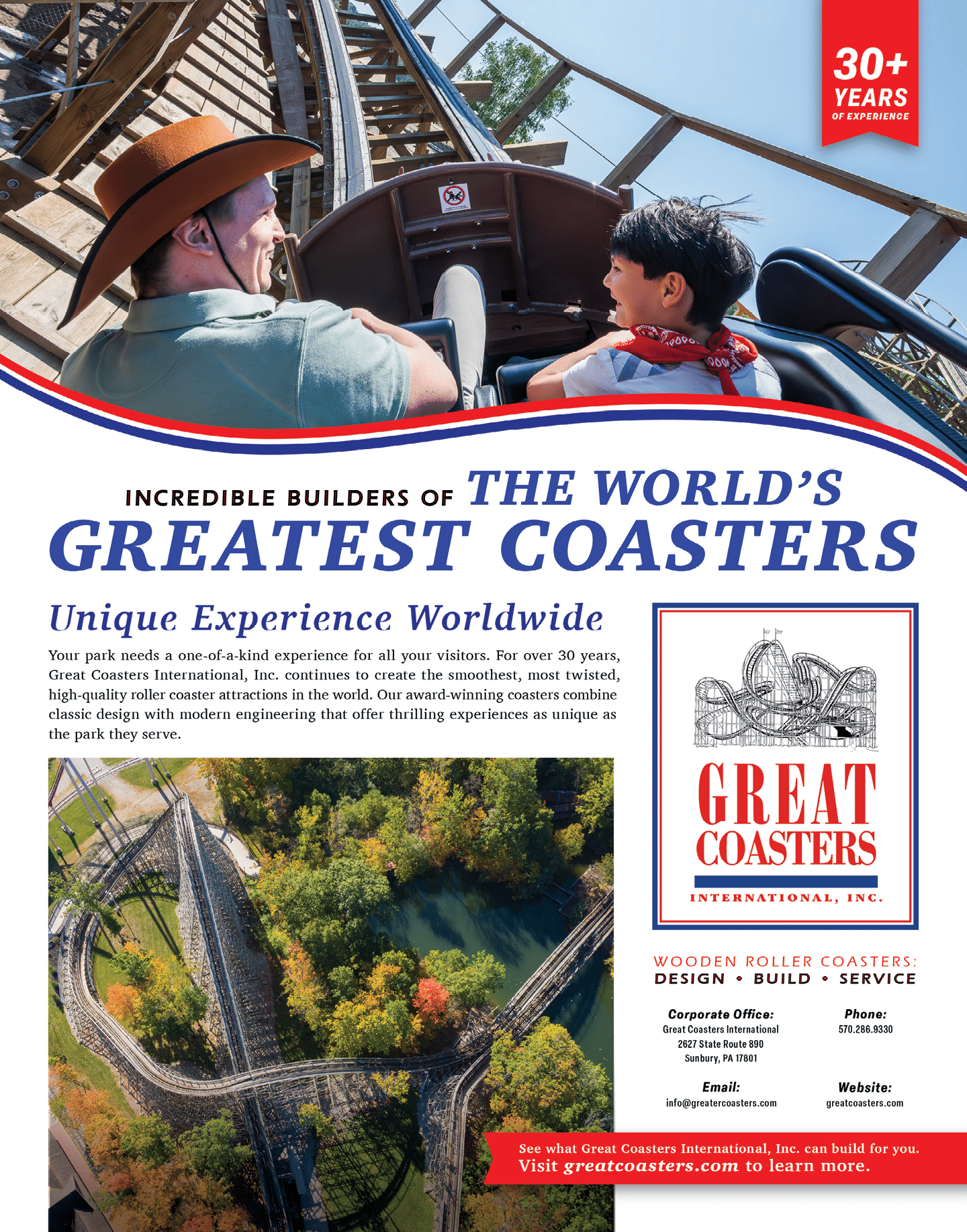 Two people wearing hats and scarves are smiling and riding a wooden roller coaster with a view of the track and surrounding trees, accompanied by text promoting Great Coasters International as builders of the world's greatest coasters. Description generated by AI