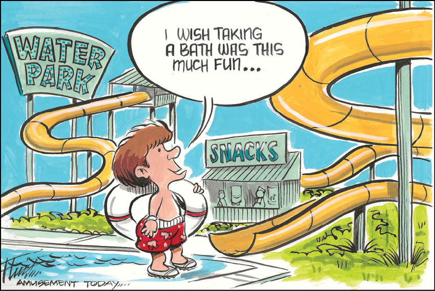 A person wearing red swim trunks and a swim ring stands near a water park slide saying they wish taking a bath was this much fun. Description generated by AI