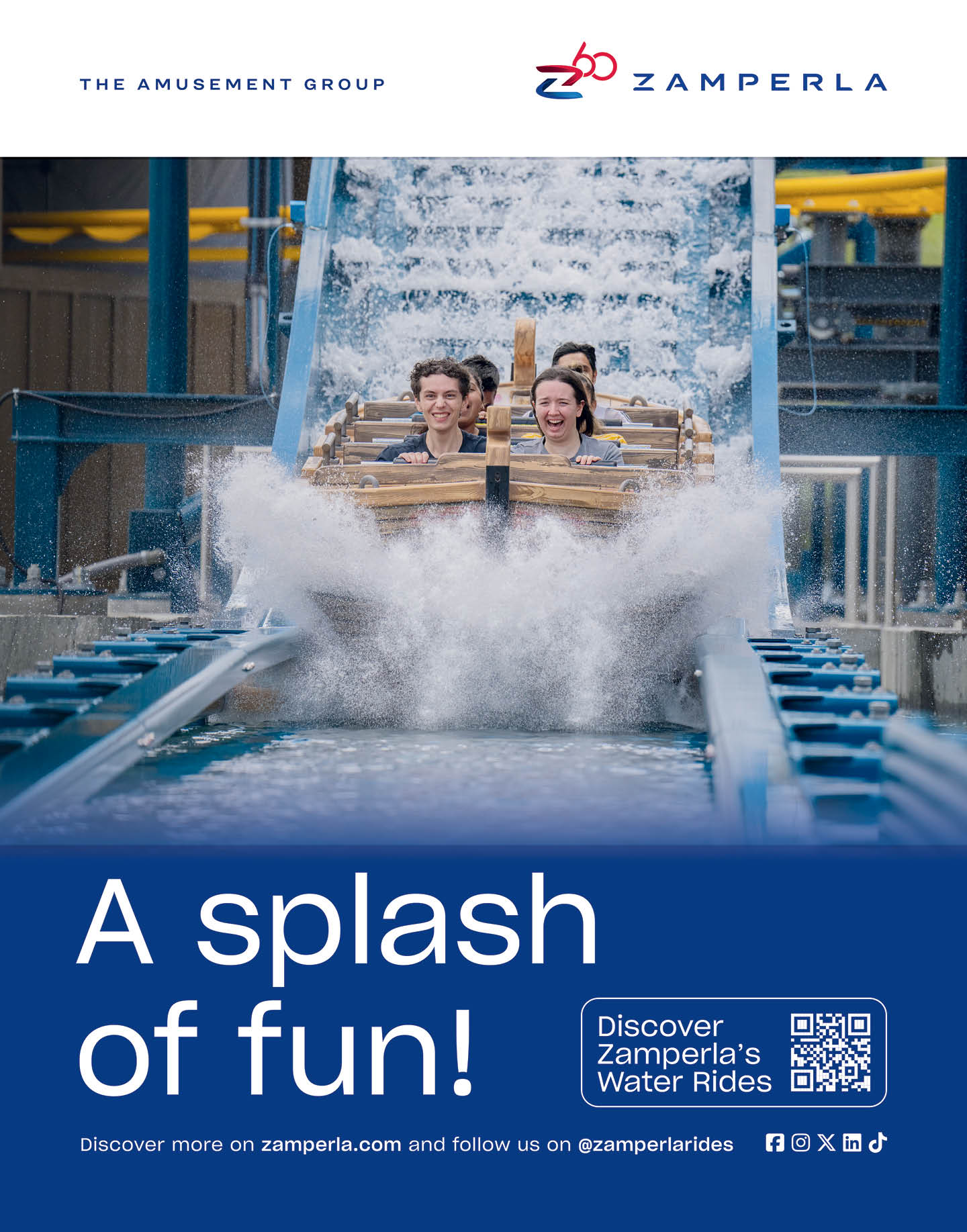 People are riding a water splash amusement ride, smiling and enjoying as the ride creates a large splash of water. Description generated by AI