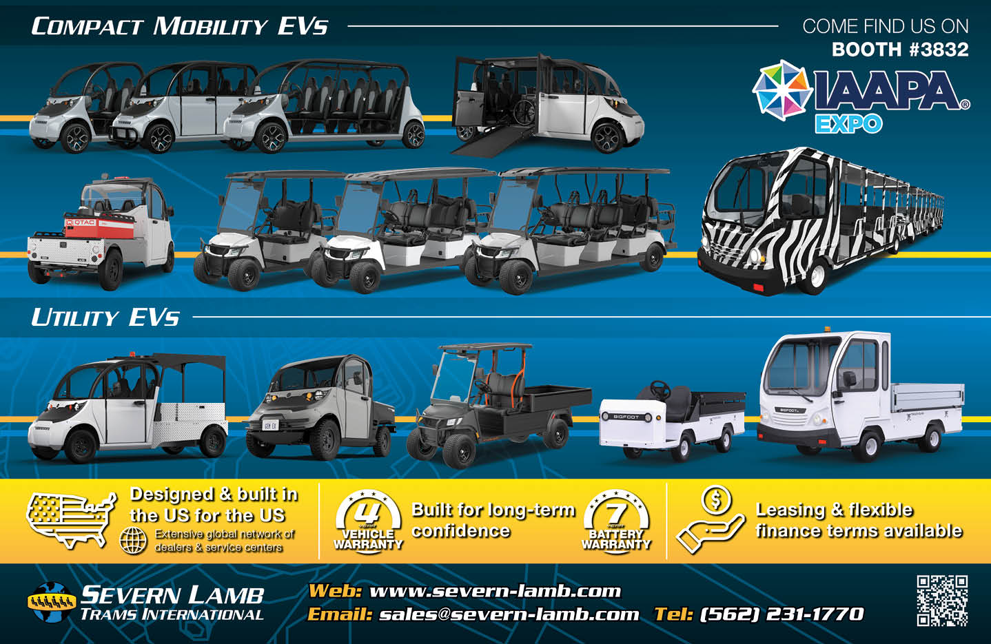 A promotional graphic showcasing various models of compact mobility and utility electric vehicles designed and built in the US, with contact information and an invitation to visit a booth at the IAAPA Expo. Description generated by AI