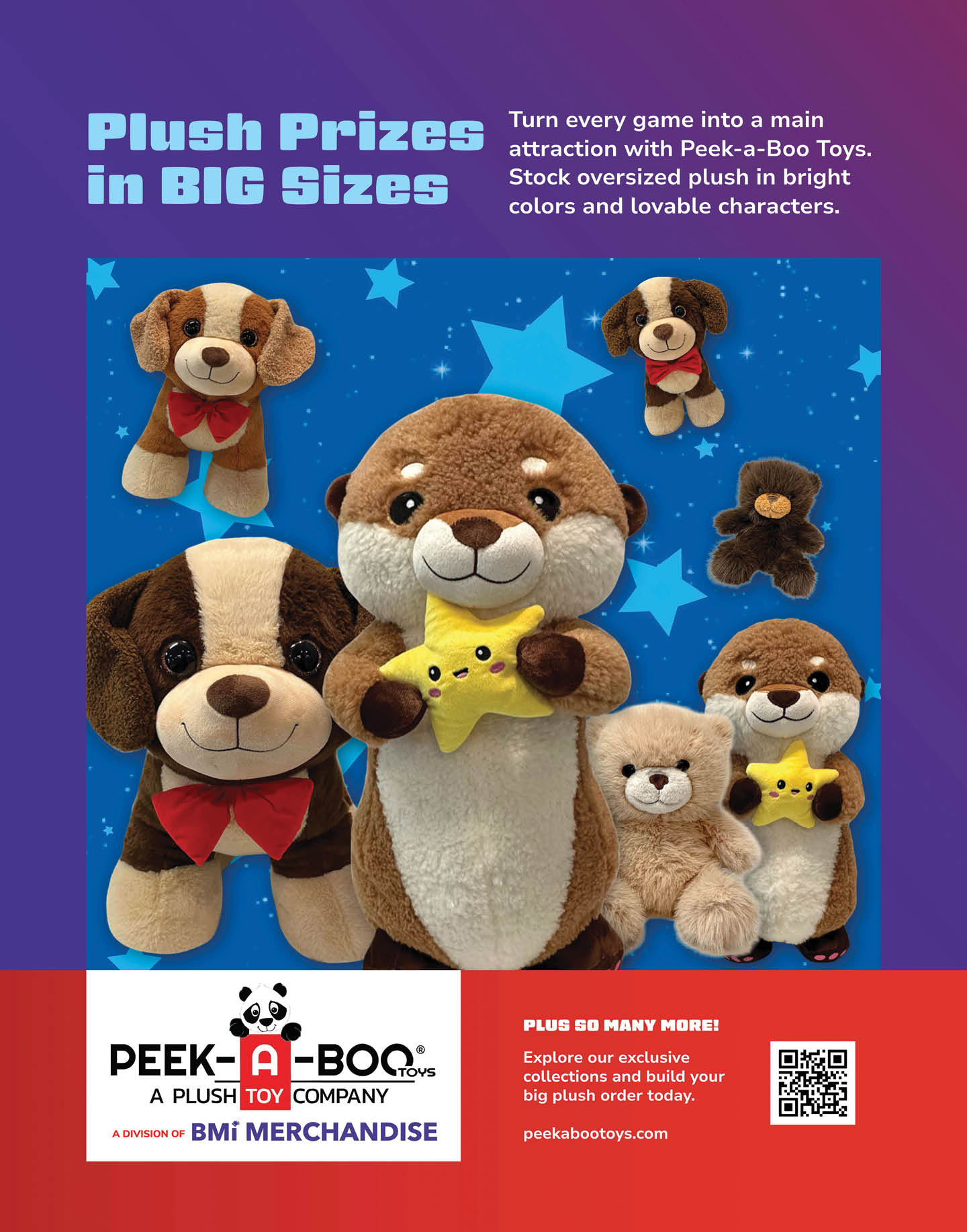 A colorful advertisement featuring oversized plush toys of various animals holding stars with text promoting big plush prizes for Peek-a-Boo Toys. Description generated by AI