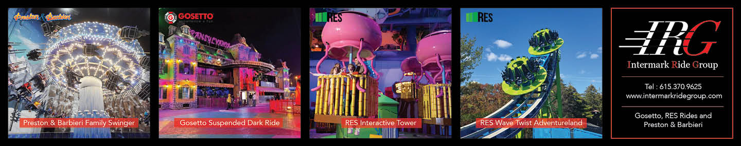 A series of five colorful images showing amusement park rides and attractions with logos and text promoting different entertainment venues and events. Description generated by AI