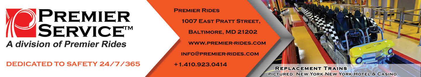 A banner for Premier Service, a division of Premier Rides, featuring contact information and an image of replacement trains at Resorts World New York Hotel and Casino. Description generated by AI