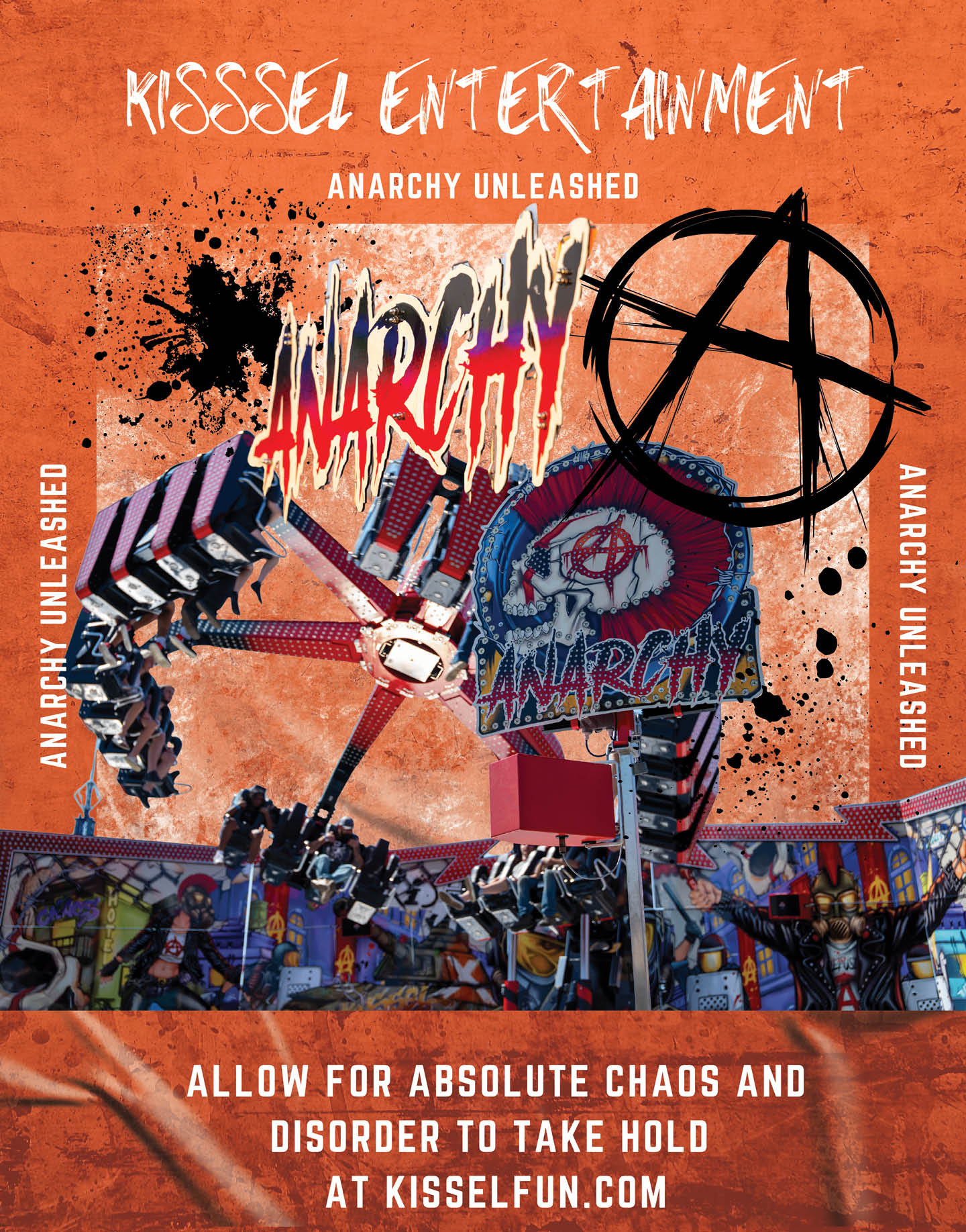 A chaotic amusement park scene features a large spinning ride with signs and graffiti-style text reading “ANARCHY" and "KISSELF ENTERTAINMENT" against a grungy orange background with splatters and an anarchy symbol. Description generated by AI