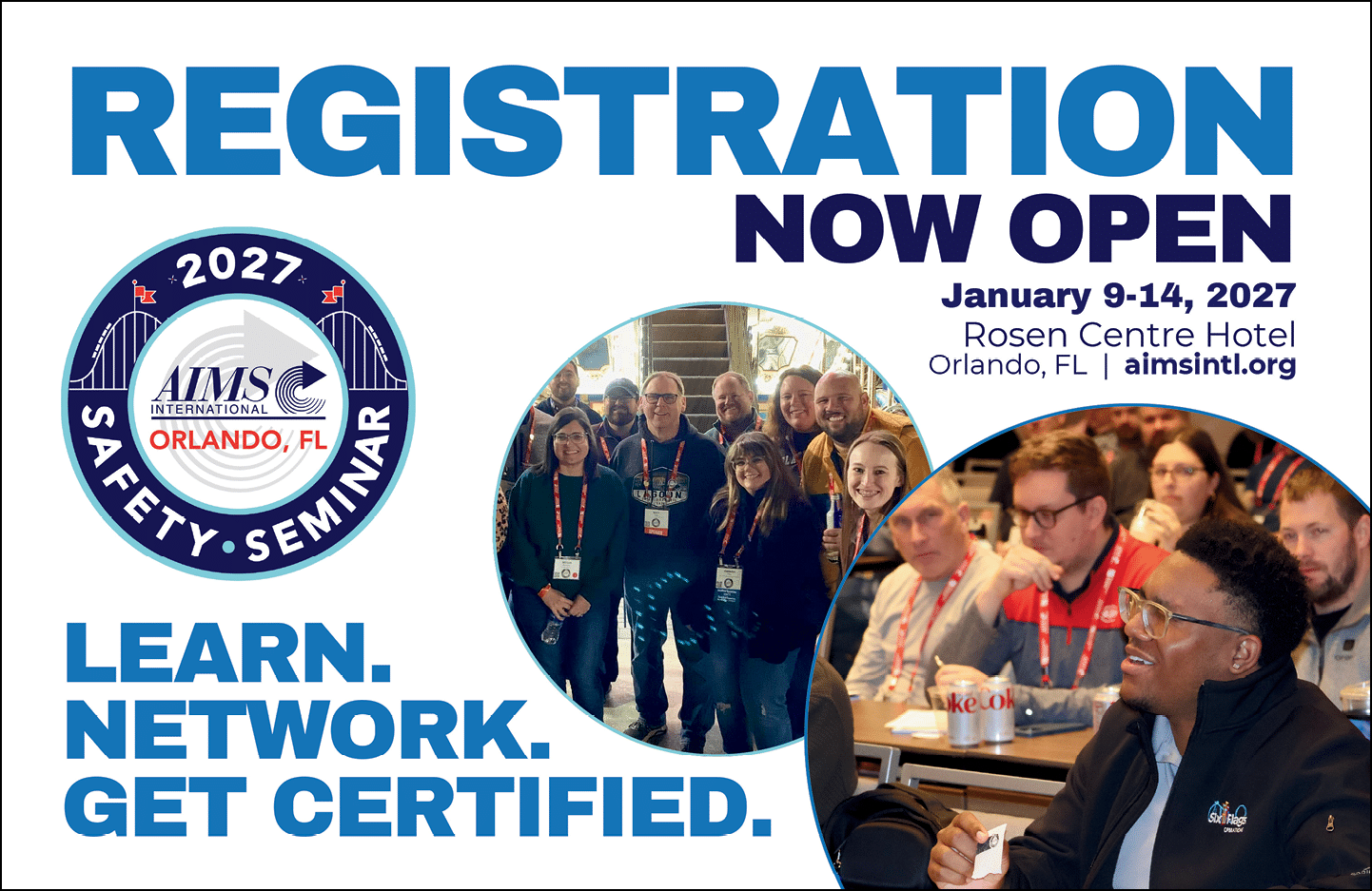 Adults are attending a safety seminar with registration information for an event in Orlando, Florida, displayed alongside the seminar logo. Description generated by AI