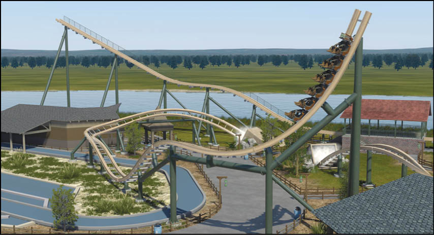 A roller coaster with a steep drop is shown in an amusement park setting with people riding in the front car. Description generated by AI