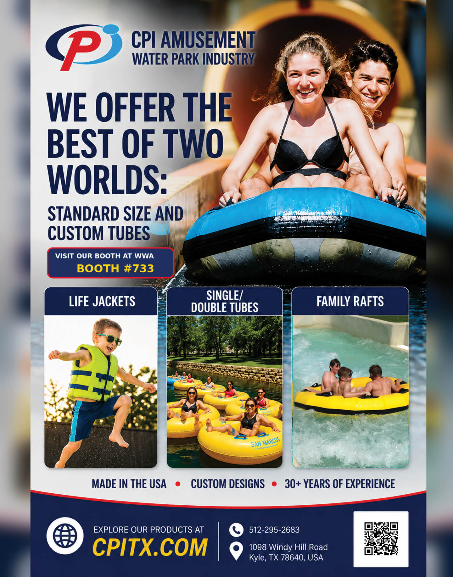 Two smiling adults in swimwear ride a blue inflatable tube down a water slide while promotional text advertises custom and standard size tubes, life jackets, single and double tubes, and family rafts from a water park industry company. Description generated by AI