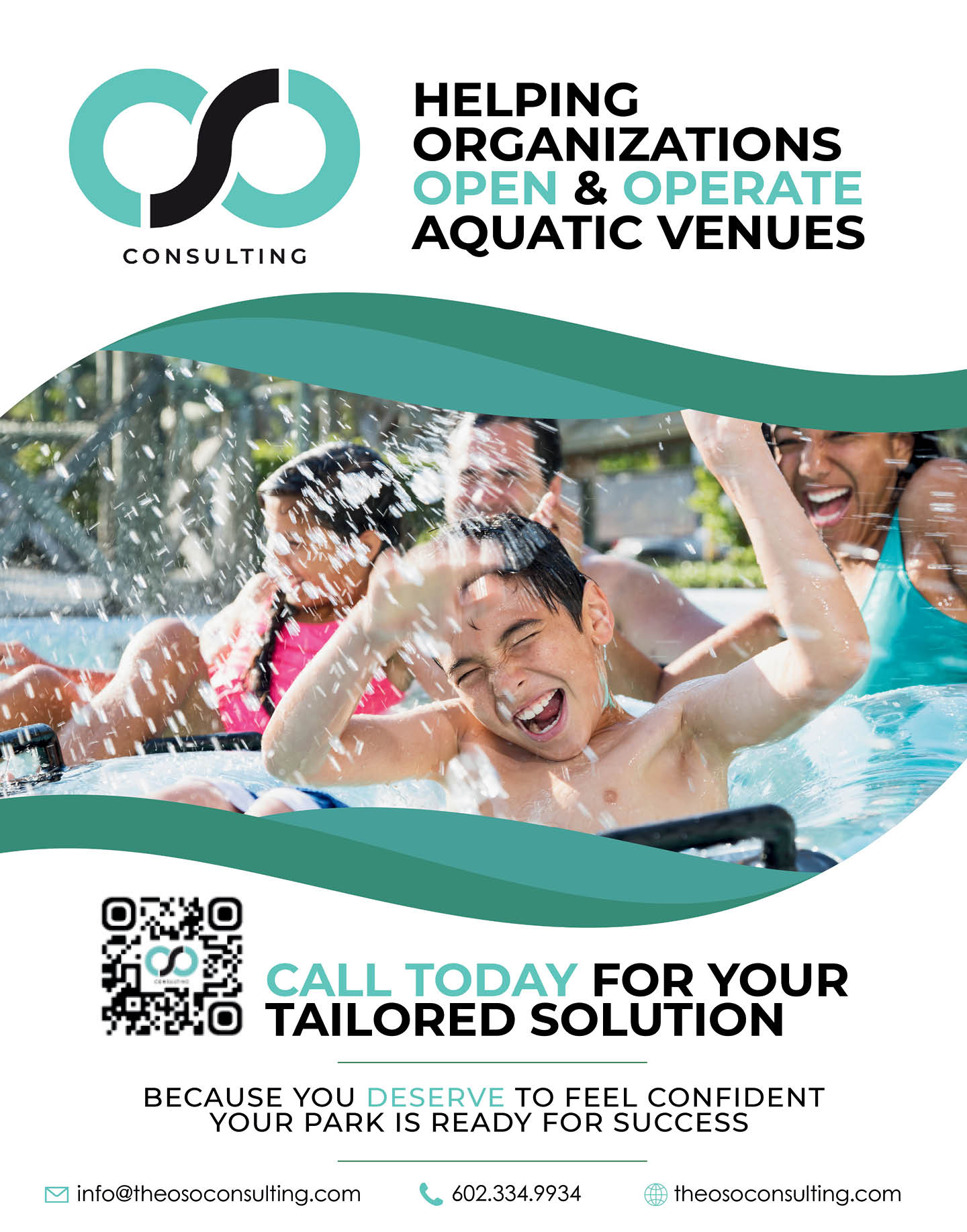 A group of joyful children playing and splashing in a swimming pool is shown alongside text promoting consulting services to help organizations open and operate aquatic venues with contact information and a QR code. Description generated by AI