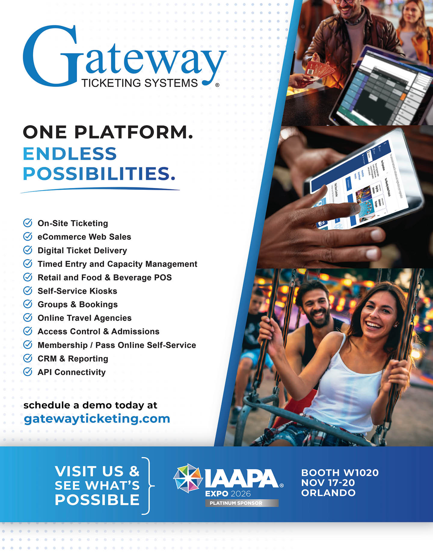 An advertisement for Gateway Ticketing Systems highlights a platform with various ticketing and sales features alongside images of people using digital devices and enjoying an event, with a call to visit their booth at an expo in Orlando. Description generated by AI