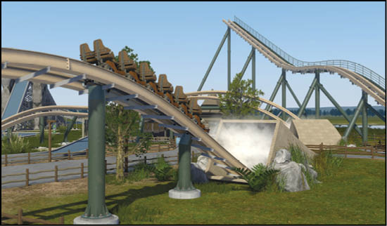 A roller coaster with empty brown seats is descending a curved track in a green outdoor amusement park setting under a clear blue sky. Description generated by AI