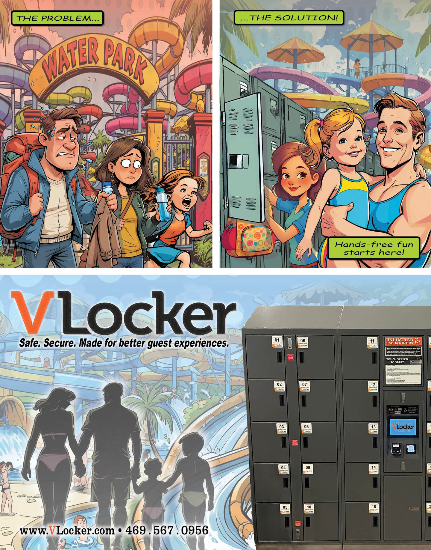 A comic-style illustration contrasts a frustrated family at a water park with a happy family using lockers for hands-free fun, accompanied by a promotional image of lockers and a family silhouette. Description generated by AI