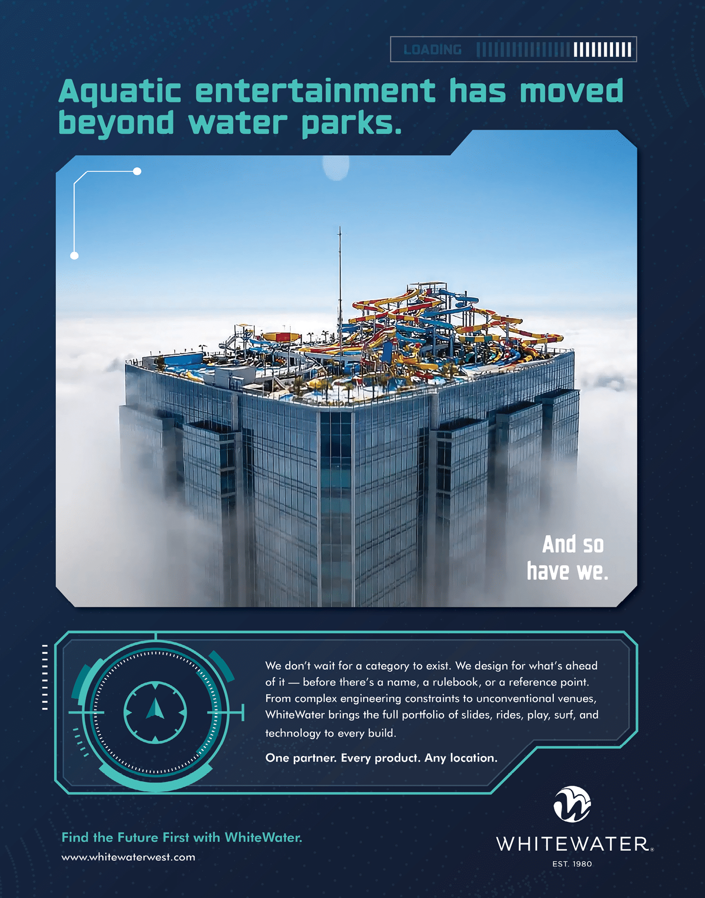 A futuristic skyscraper rises above clouds with a complex water park on its rooftop, accompanied by text highlighting the expansion of aquatic entertainment beyond traditional water parks. Description generated by AI