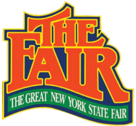 Bold red and yellow text reading “THE FAIR" above a green banner with white text stating "THE GREAT NEW YORK STATE FAIR." Description generated by AI
