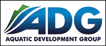 The logo features the letters ADG in bold blue with stylized waves and a green shape above, accompanied by the text Aquatic Development Group below. Description generated by AI